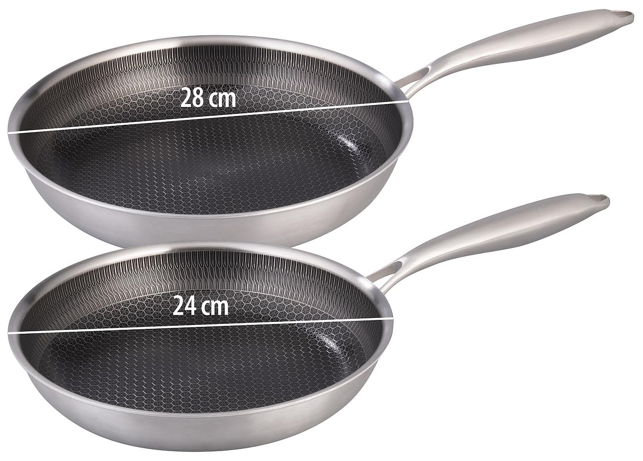 Tornwald-Schmiede Pfannen für Gasherde: 2er-Set Kratzfeste Edelstahlpfannen, Wabenstruktur, 24 und 28 cm (Pfanne für Induktionsherd, Edelstahl-Pfanne, Pfannenset)