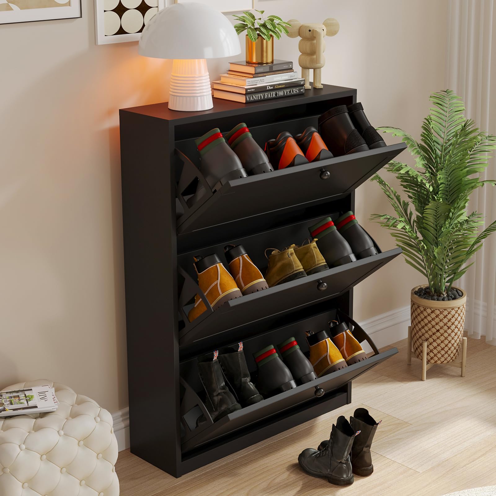 VOWNER Zapatero Estrecho Mueble Zapatero 80x24x116cm (Negro) | con 3 Puertas Abatibles, Madera para Entrada, Recibidor & Pasillo