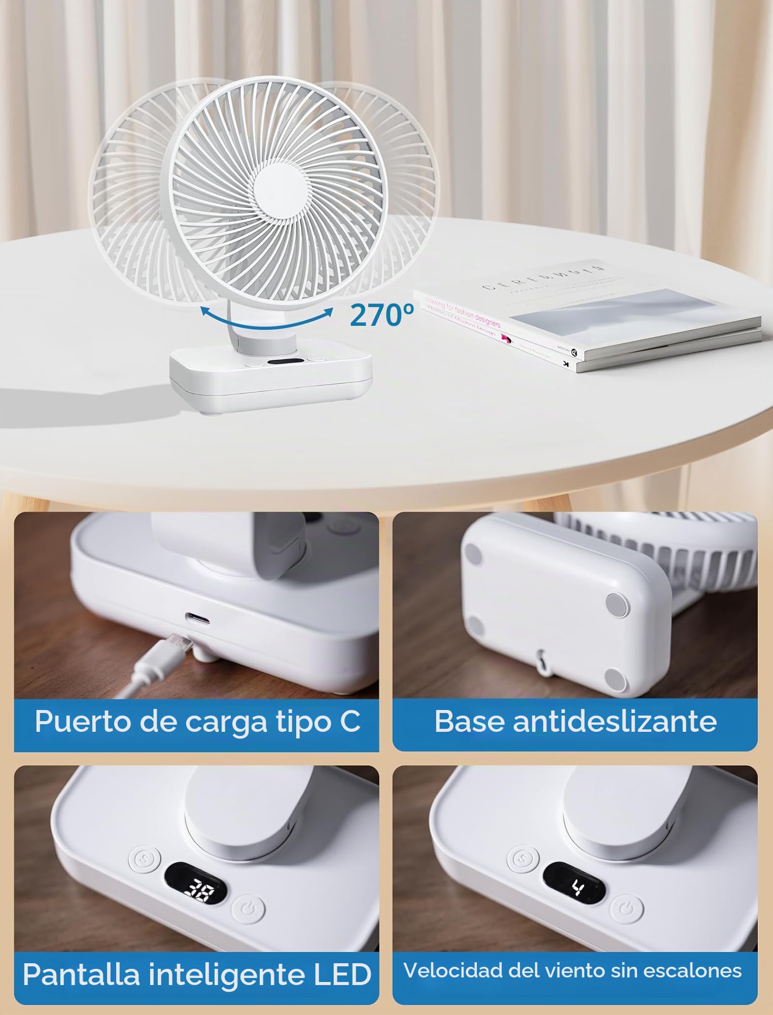 MERTTURM USB Ventilador de Mesa 4000mAh, Ultra Silencioso, 4 Velocidades Ajustables, Dirección Ajustable, Indicador de Batería, para Oficina, Dormitorio, Camping (Blanco)