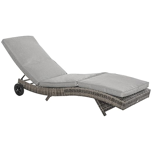 Outsunny Chaise Lounge Pool Chair, Outdoor PE Rattan Cushioned Patio Sun Lounger w/ 5-Level Adjustable Backrest & Wheels for Easy Movement, Wicker, Gray