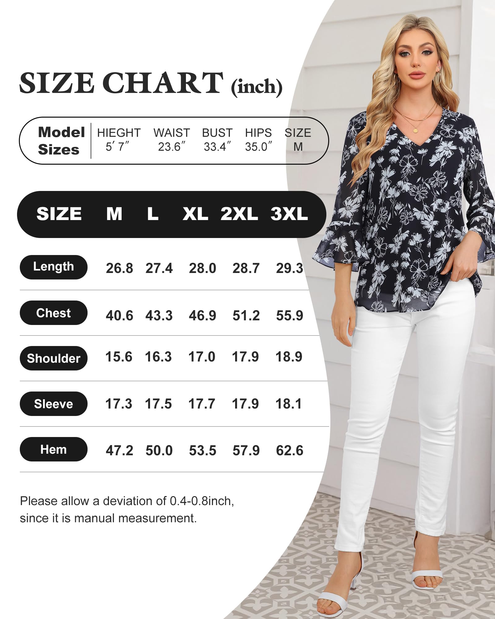 Bebonnie Camicette da donna eleganti e casual, con maniche a 3/4, scollo a V, in chiffon