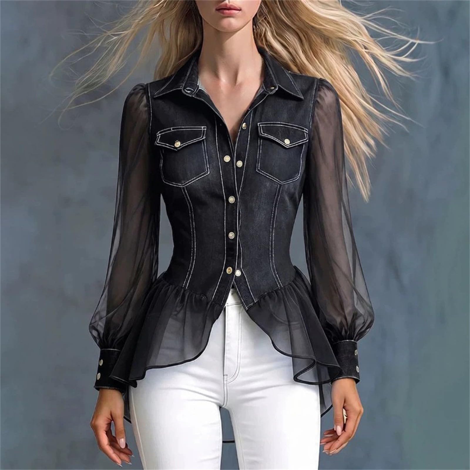 Elegante camicia da donna in jeans con risvolto a maniche lunghe | Camicetta in tinta unita in tessuto denim, vestibilità regolare, con tasca frontale