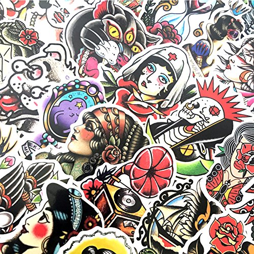50 Pcs Vinyl Tattoo Stickers Waterproof Old School Tattoo Sticker Pack For Water Bottle Hydro Flask Laptop Skateboard Luggage Bike Car #TOP2