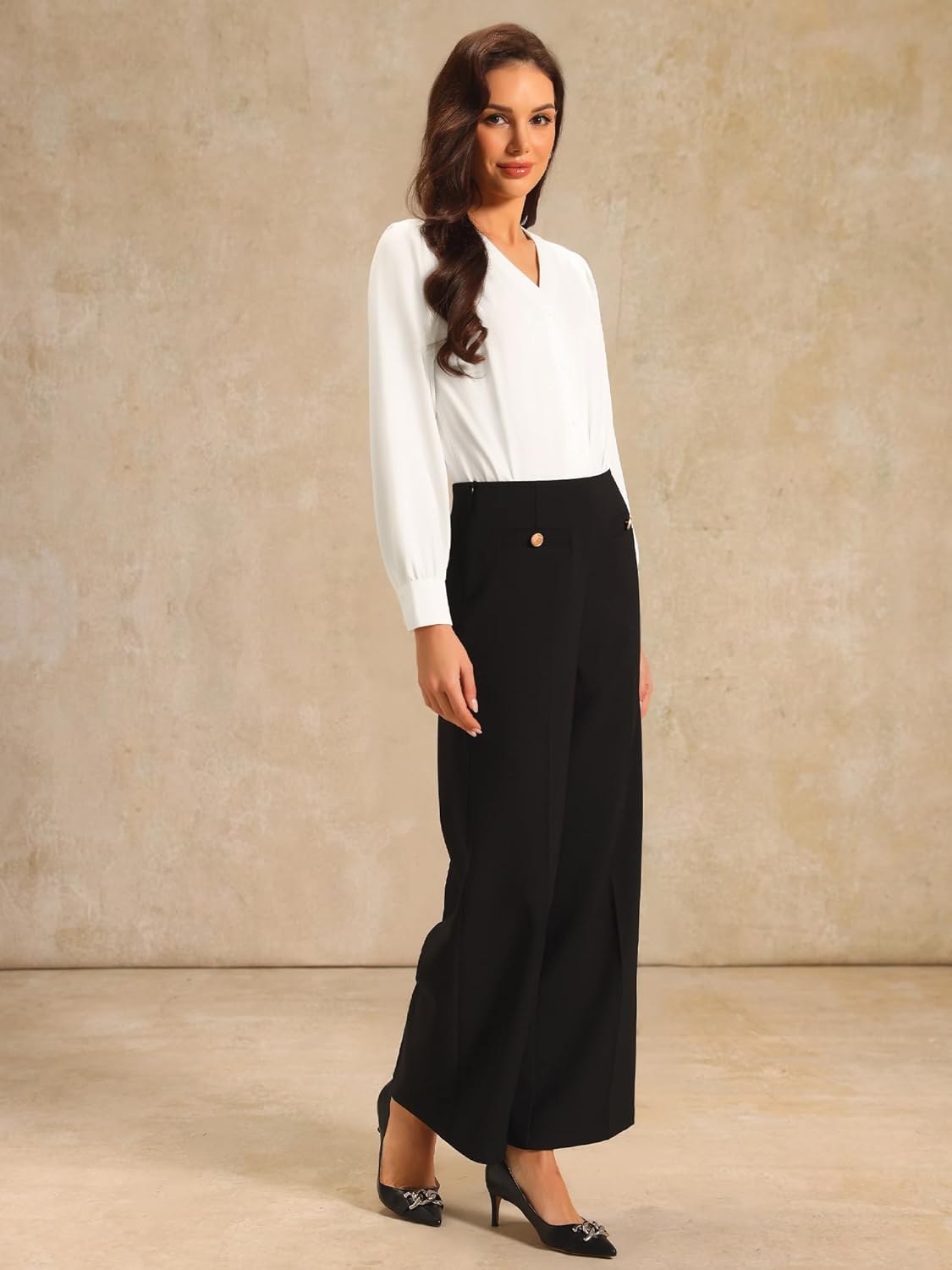 Women's Button Down Bodysuit Long Sleeve V Neck Classic Business Work Shirt Top - Image 3