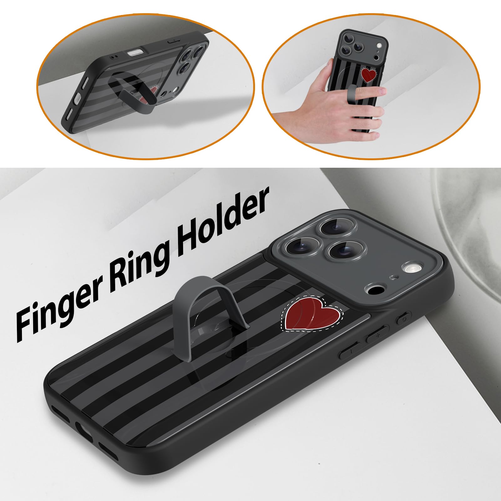 Custodia magnetica per iPhone 17 Pro Max, motivo a righe nere a forma di cuore, cinturino da polso integrato, supporto per mano e dita, compatibile con Magsafe, custodia protettiva completa per