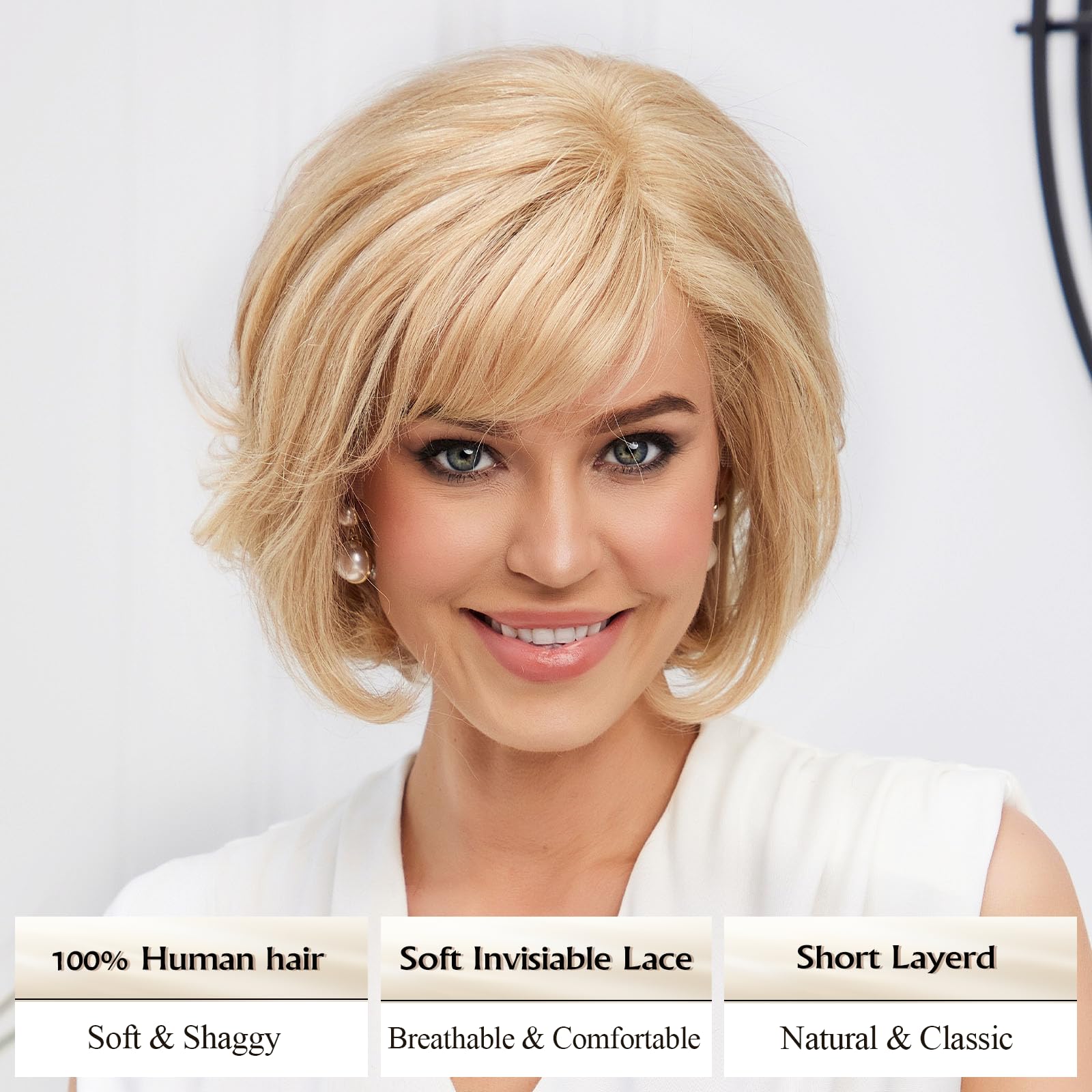 Blonde Short bob Wispy Layers Soft Lacefront Wig 100% Human Hair Wig Medium Blonde Bob With Wispy Bangs Non  main image 2