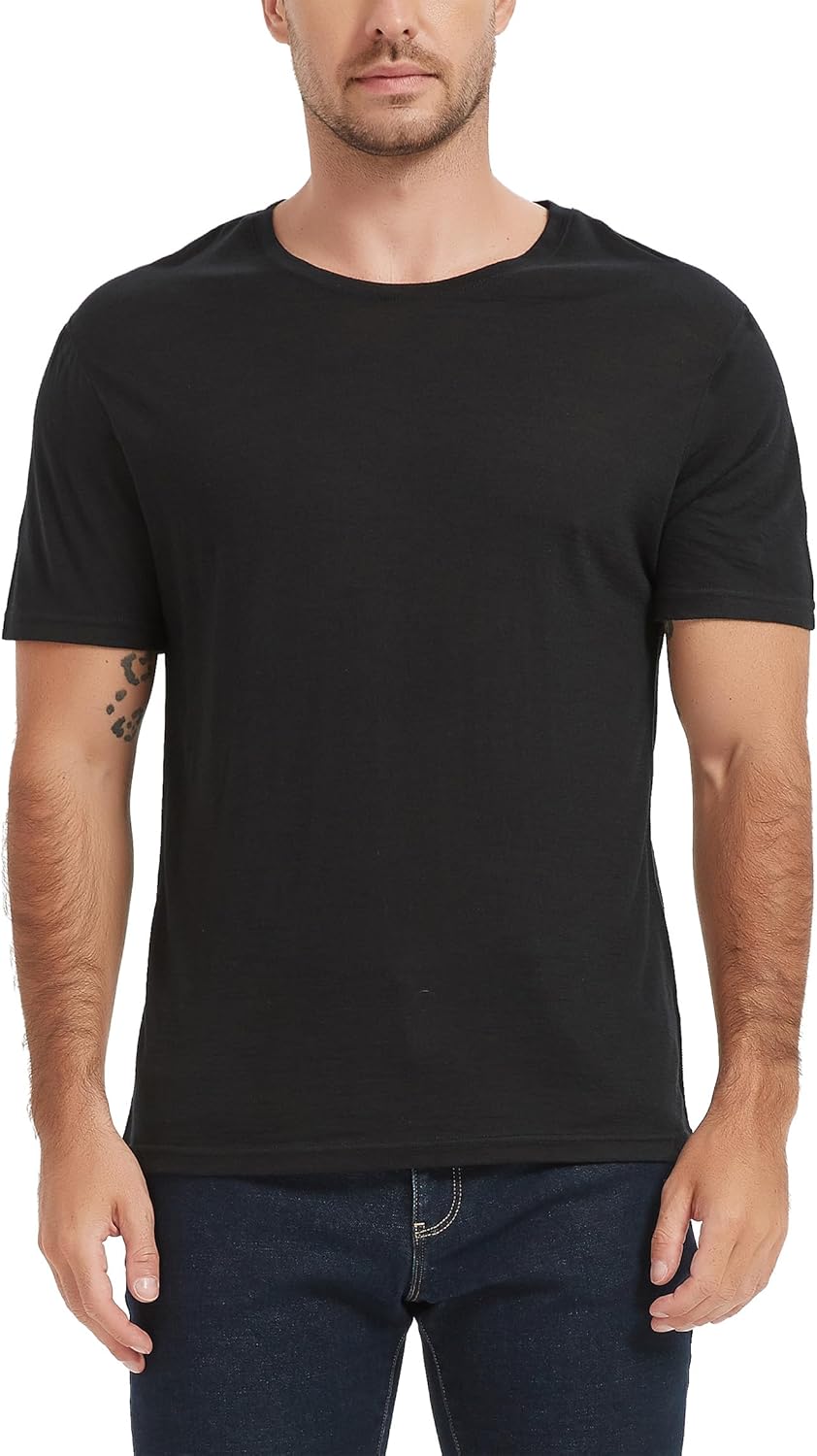 100% Merino Wool T Shirts for Men, Short Sleeve Lightweight Crew Undershirt, No-Odor Base Layer for Hiking Travel