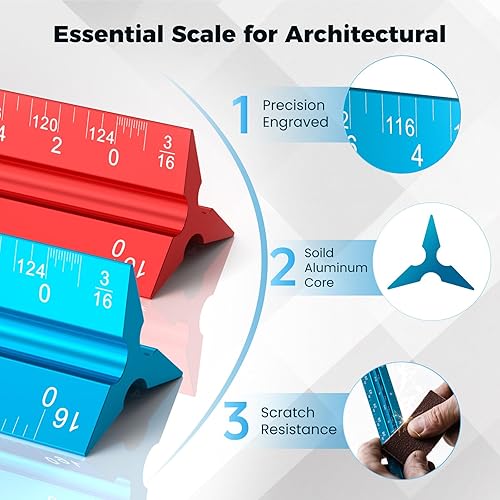 Miniatura 2 de Rena Chris 2 piezas Regla de escala arquitectónica 12" de aleación de aluminio imperial, herramientas de medición de arquitectura de metal, reglas