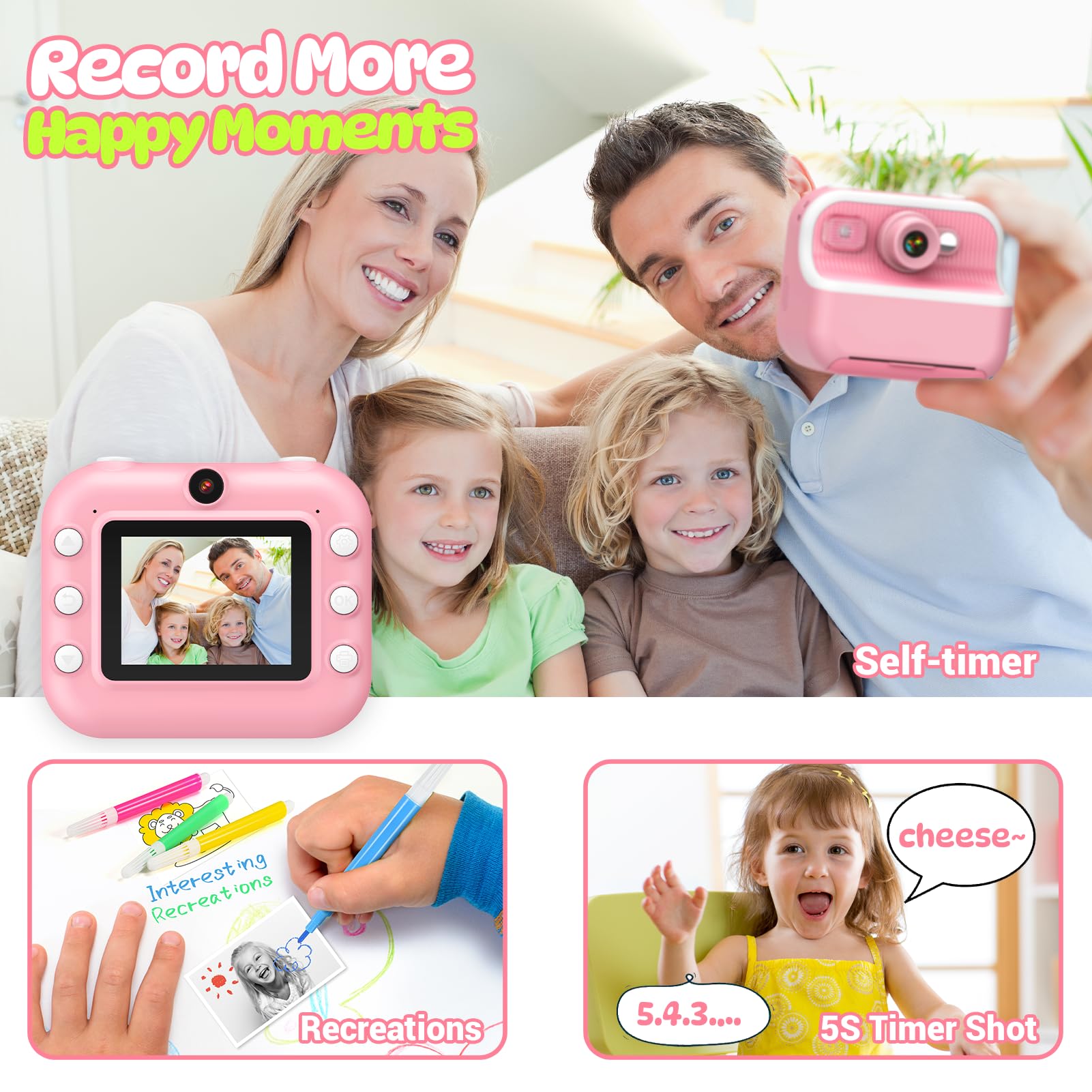 Dancial Macchina Fotografica Bambini Istantanea, 2,4 Pollici Fotocamera Bambina con Carta da Stampa e 32G, 12MP/1080P HD Videocamera Digitale con Stampante, Regalo Bambina Bambino 3-12 Anni (Rosa)