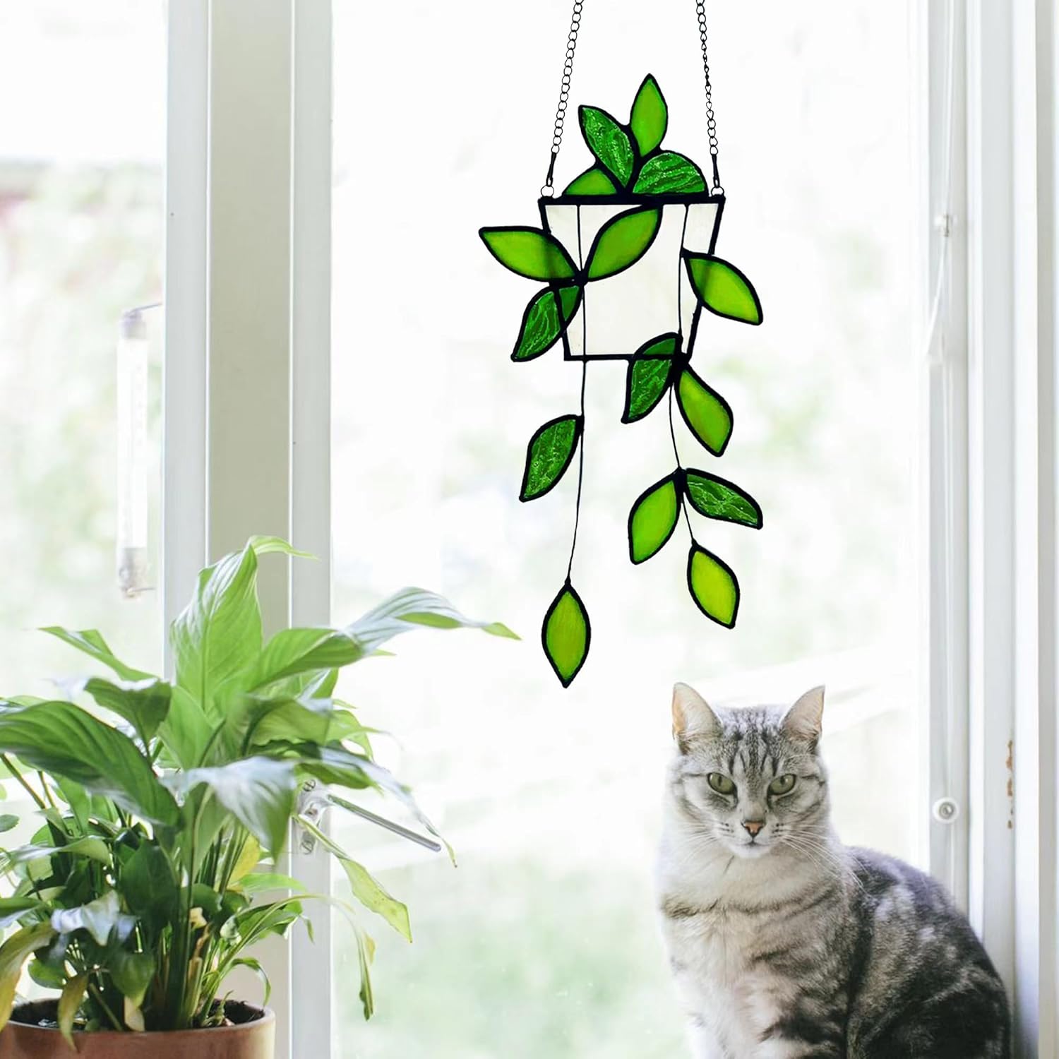 Plant Stained Glass,Stained Glass Window Hanging,Real Handmade Suncatcher,Artificial Green Plants Decor Gift for Women Mom Grandma Plant Lovers,Sun Catcher for Home Windows (Green) - Image 4