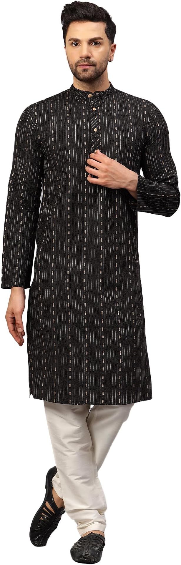 LATEST CHIKAN Men's Cotton Regular Striped Knee Lenght Kurta Full Sleeves