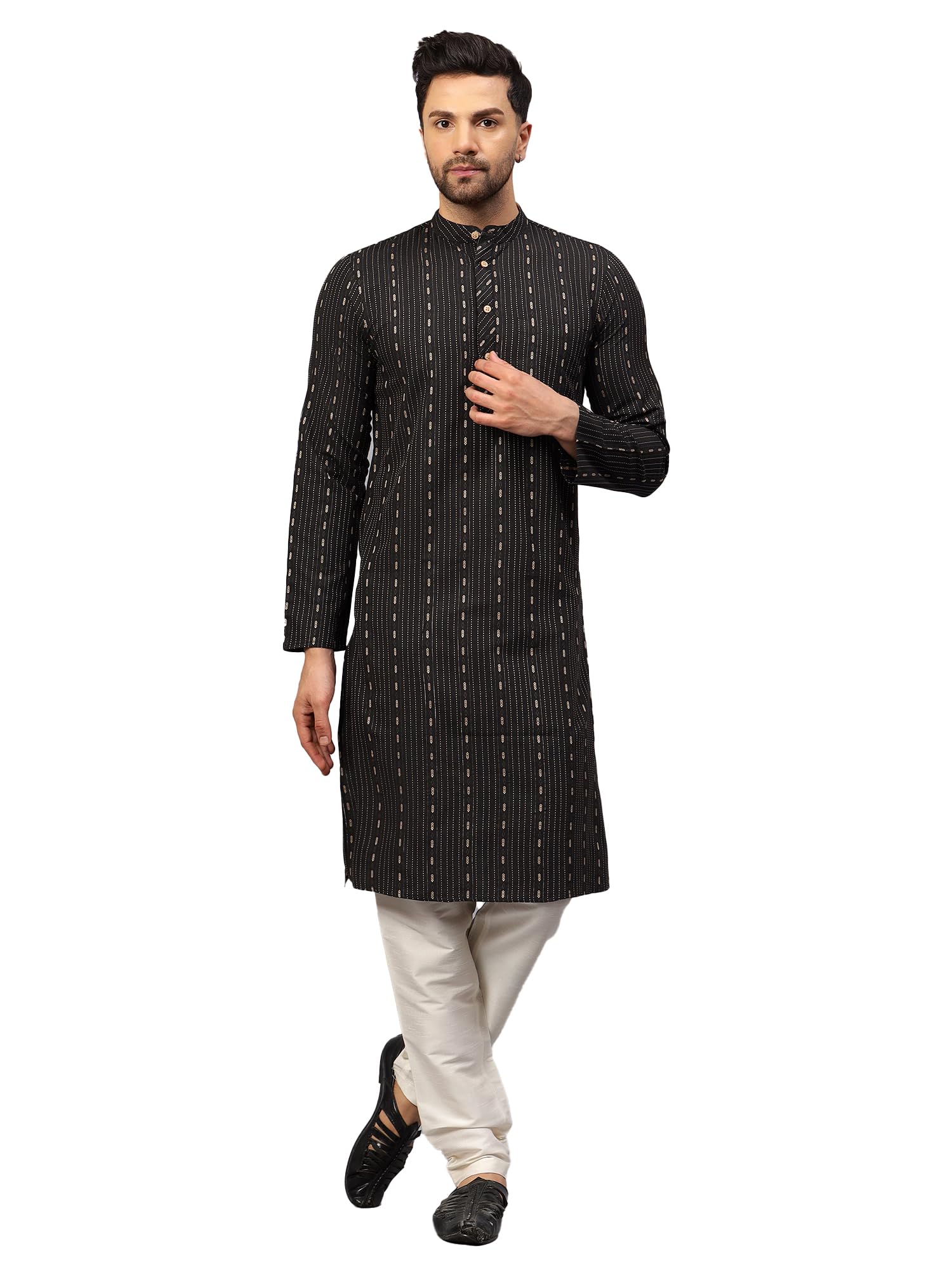 LATEST CHIKAN Men's Cotton Regular Striped Knee Lenght Kurta Full Sleeves