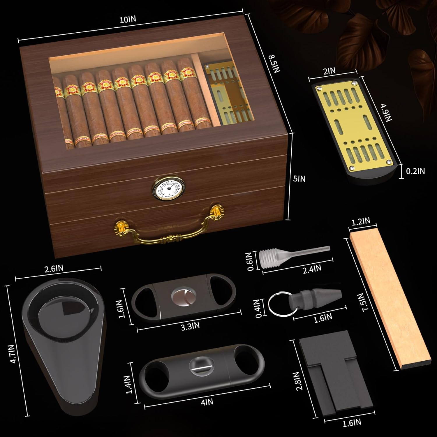 Spanish Cedar Cigar Humidor Box with Accessories and Humidifier - Glass Cover and Storage Drawer - Desktop Cigar Holder for Men - Portable Travel Case - Small Table Top Humidors for 20-50 Cigars