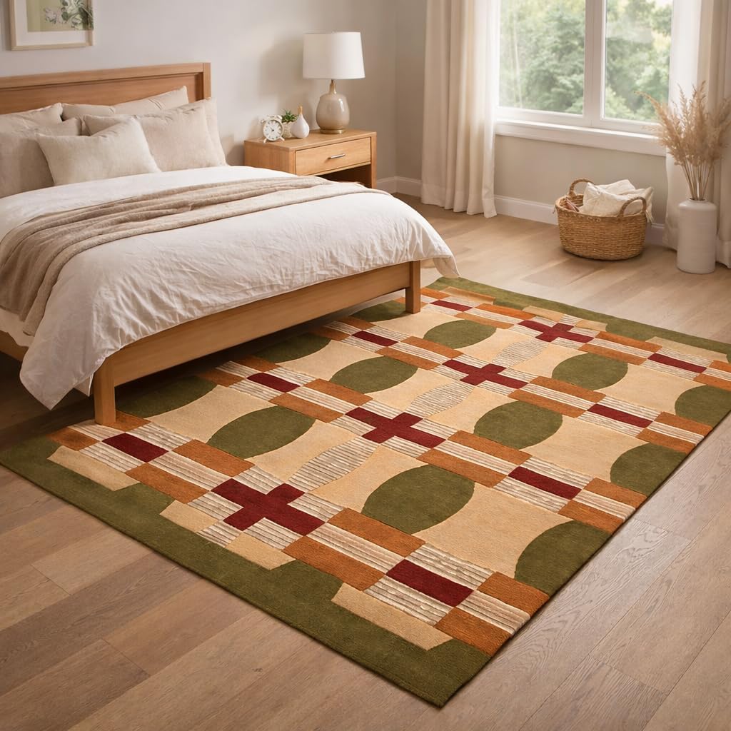 Multicolor Geometric Mosaic Wool Rug, Handmade Hand-Tufted Luxury Area Carpet for Living Room, Bedroom & Dining (7x10, 6x9, 8x10)