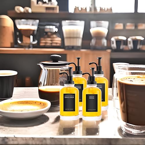 Miniatura 2 de Joyfulmap 4 dispensadores de jarabe de café, dispensador de bomba negro con botellas para accesorios de cafetería, botella de café de vidrio