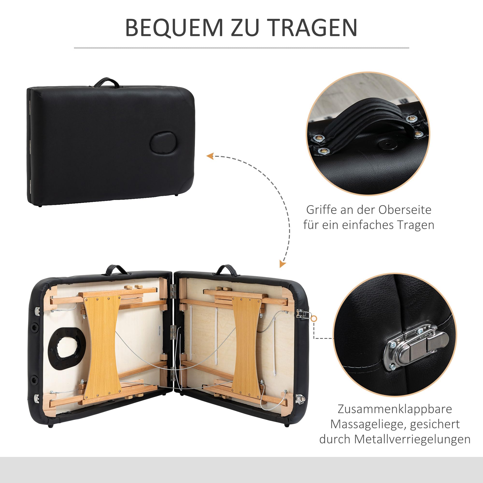 HOMCOM Massagetisch Klappbare Massageliege für Spa Kunstleder Holz Schwarz | Höhenverstellbare Massagebank, Massagebett Mit Kopfstütze, Für Salon