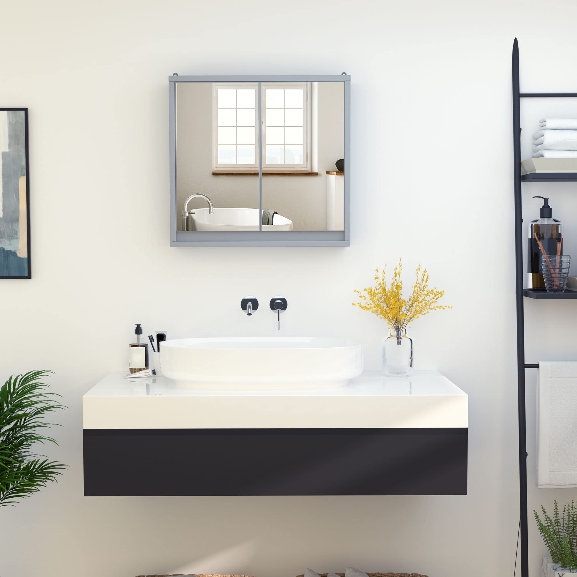 HOMCOM Armadietto Bagno con Specchio a 2 Ante, Specchio Bagno Contenitore con Ripiano Regolabile in Legno, 48x14.5x45cm, Grigio