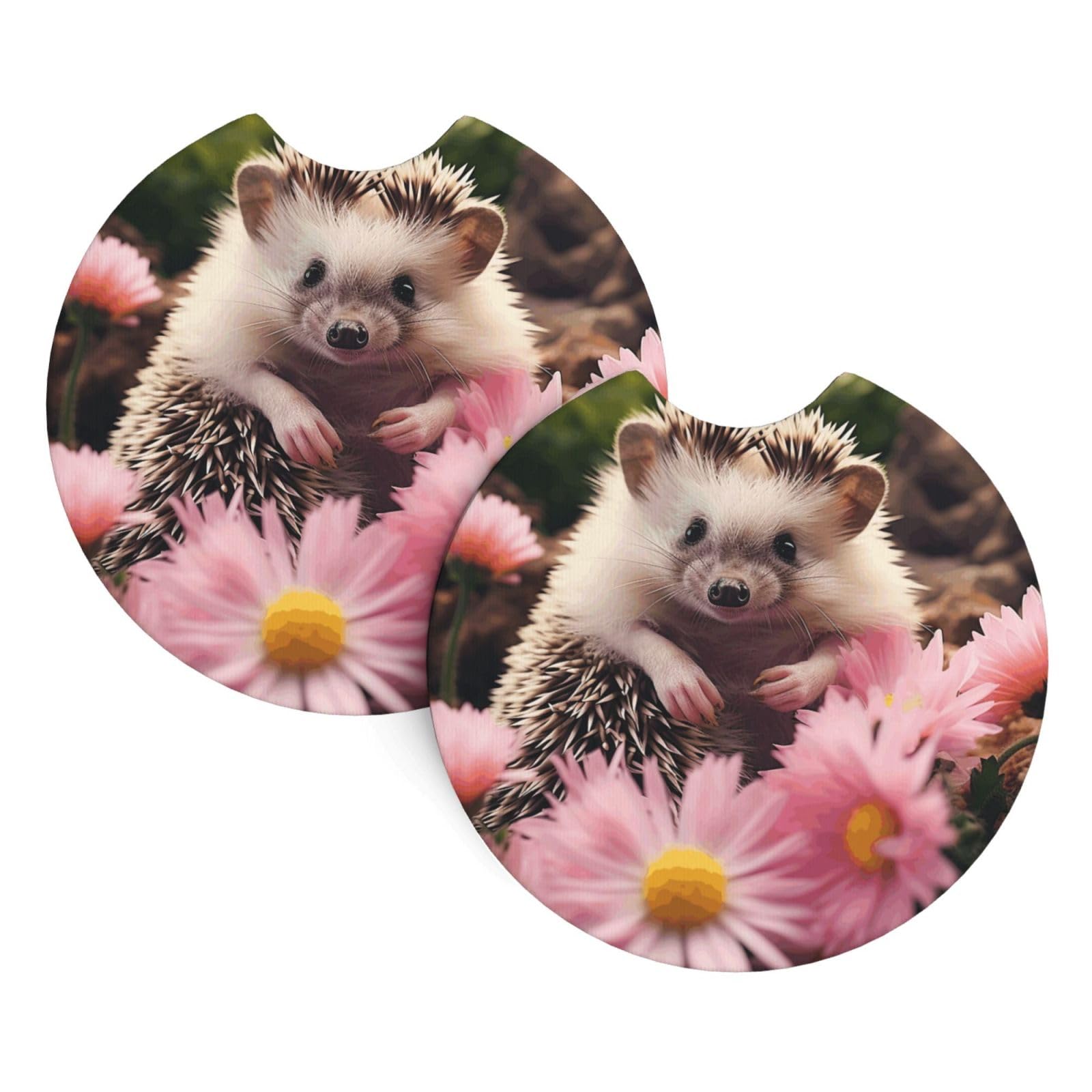 2PCS Car Coaster for Cup Holders Universal Auto Cup Mat Cute Hedgehog in Flowers Cup Coaster Pad 2.7" Waterproof Neoprene Non-Slip Cup Holder Coasters Car Interior Accessories for Women Men