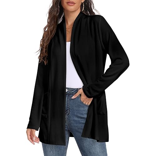 Womens Long Sleeve Lightweight Cardigan Open Front Casual Draped Cardigans with Pockets