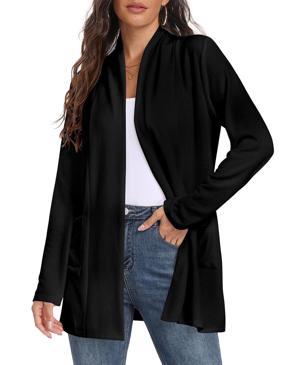 Womens Long Sleeve Lightweight Cardigan Open Front Casual Draped Cardigans with Pockets