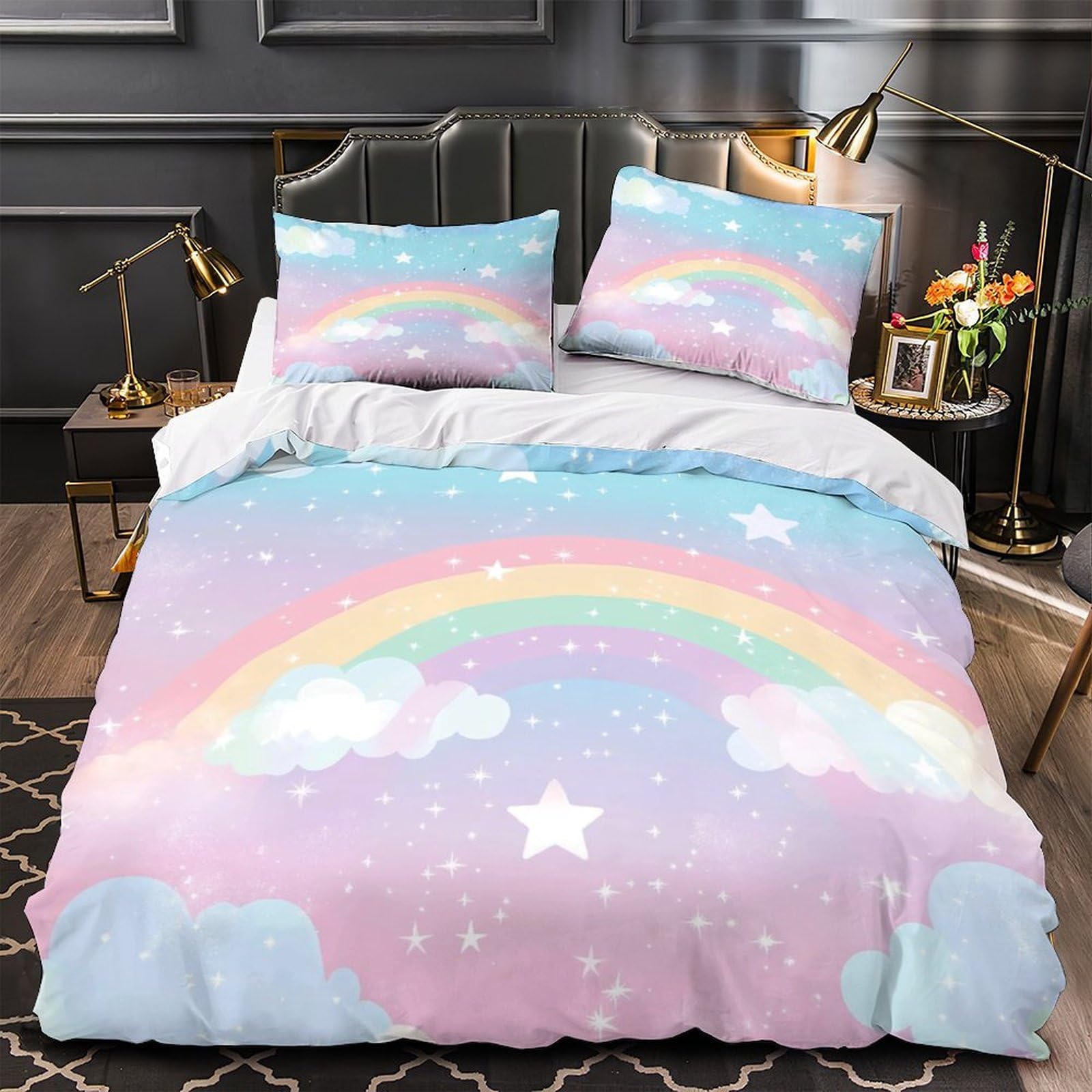 MMDASBVPE Rainbow Sky Duvet Cover 3D Design Printed Anti-allergic 3 Pieces Bedding Set Zipper Comforter Cover Hotel Quality Breathable for Adults Kids Women Teens Youth Single（135x200cm）