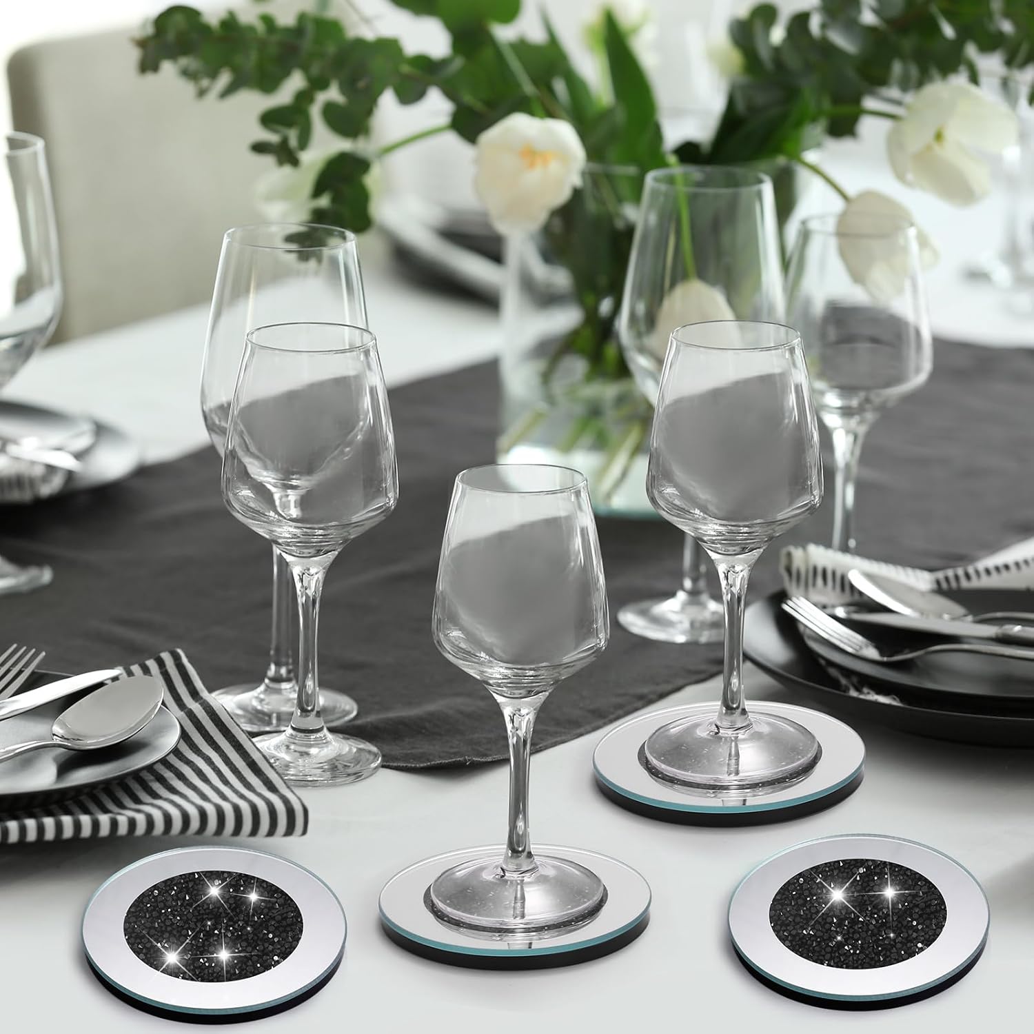 Jetec Mirrored Glass Coaster Set of 6 with 1 Holder 4" Crushed Diamond Round Cup Mat Glitter Crystal Rhinestone Glass Coaster Bling Table Decor for Bar Kitchen Gift for Christmas(Black,4 Inch)