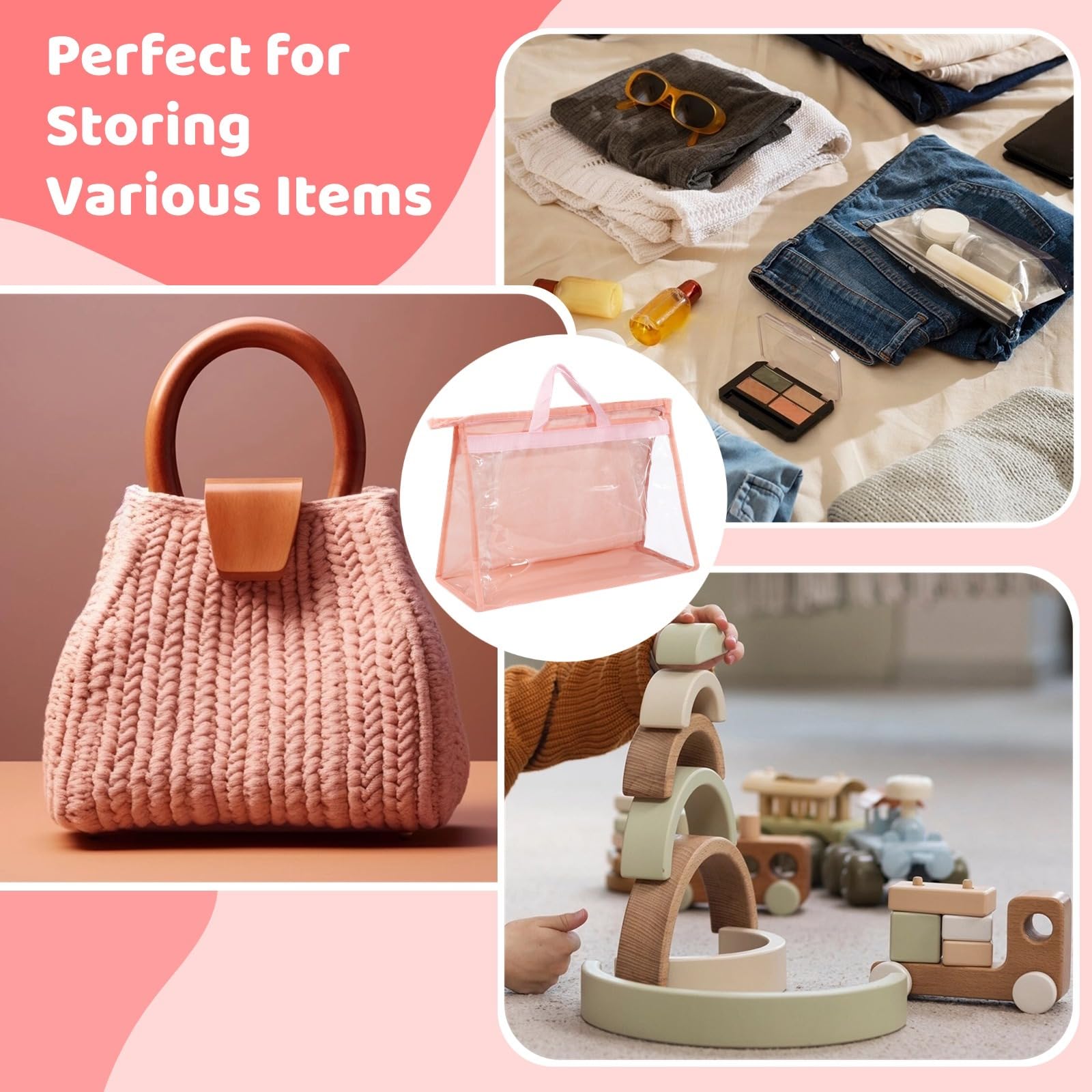 15 bolsas de polvo para bolsos, bolsas de almacenamiento transparentes de 3 tamaños, organizadores impermeables con cremalleras y asas, fundas de bolso colgantes portátiles para armario