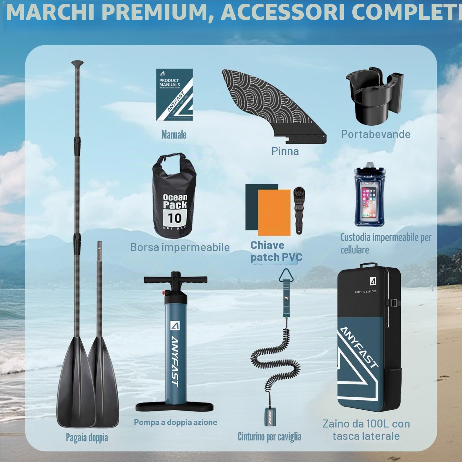 ANYFAST Stand up Paddle-Board-Wide-Gonfiabile-Pesca-Paddleboard - Ultra Stabile Wide SUP, pompa, porta macchina fotografica, guinzaglio, zaino, accessori, giovani/adulti
