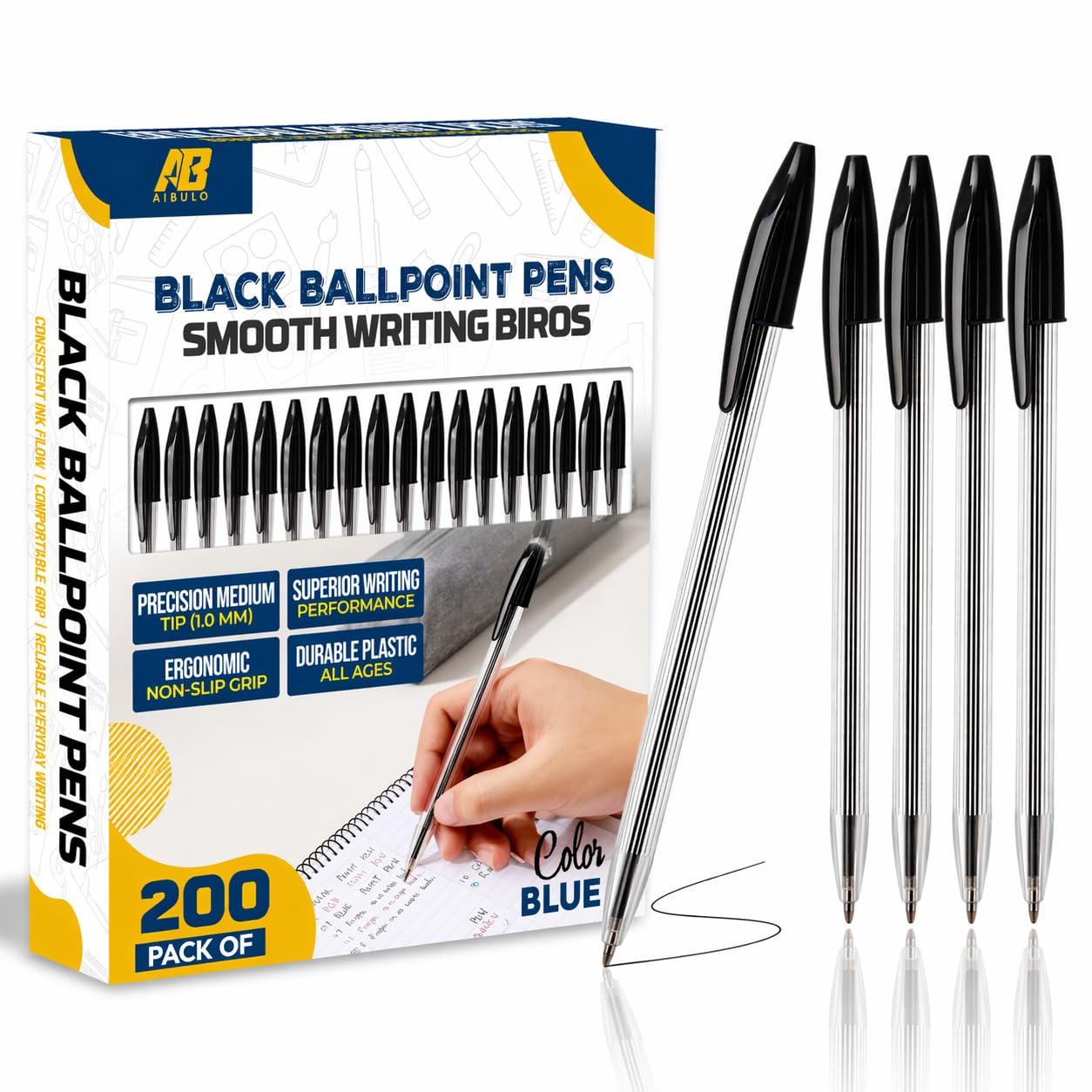 AIBULO Black Biro Pens – Smooth Writing Ball Point Pens with Medium 1.0mm Tip – Office Product & School Stationary – Biros Multipack Black Ink for Everyday Use (200)