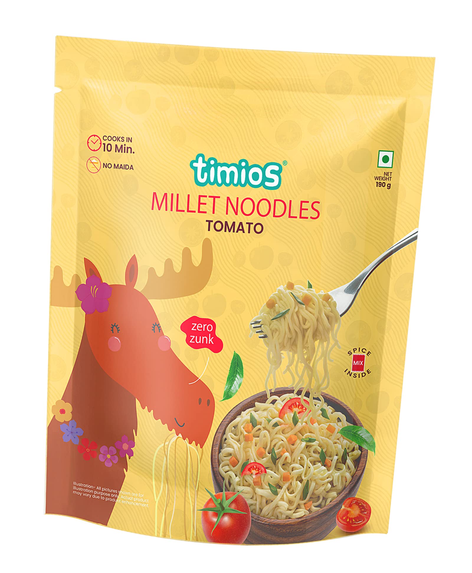 Timios No-Maida Millet Tomato Flavored Instant Noodles | Not Fried | No MSG | No Preservatives | No Artificial Colors & Flavors | No Trans Fat & Cholesterol | Vegetarian | 190 gm