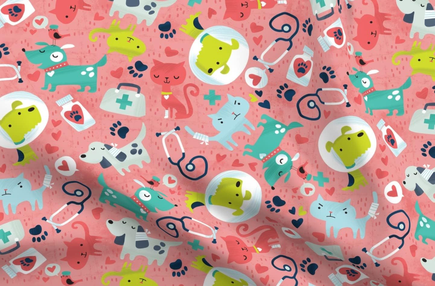 Spoonflower Fabric - Happy Vet Medical Doctor Animals Dogs Cat Printed on Organic Cotton Sateen Fabric by The Yard - Sewing Quilting Apparel Home Decor