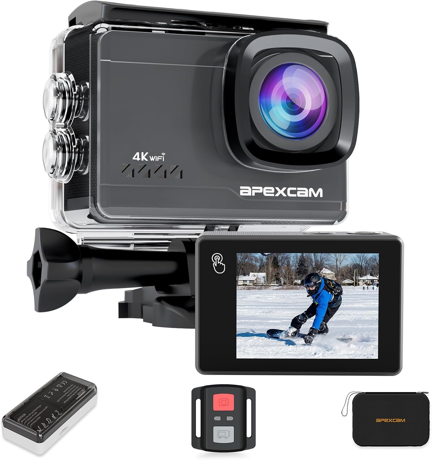 Apexcam M90 Action Camera 4K60FPS 64MP WiFi EIS Image Stabilization with Touchscreen Underwater Camera 40m Waterproof Sport Camera 8X Zoom 2.4G Remote Control 2x1350mAh