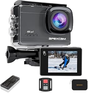 Apexcam M90 Action Cam 4K 60FPS 64MP WiFi EIS Sport Camera Touchscreen Fotocamera Subacquea 40m Impermeabile 8X Zoom 2,4G Telecomando 2×1350 mAh Batterie Set di Accessori