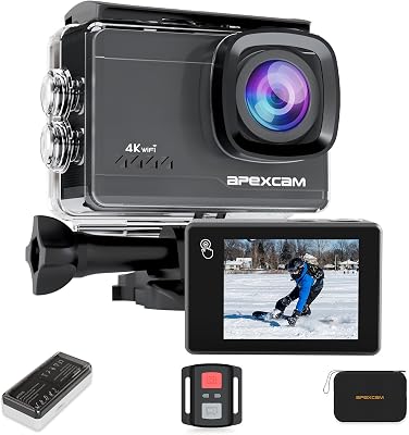 Apexcam M90 Action Cam 4K 60FPS 64MP WiFi EIS Sport Camera Touchscreen Fotocamera Subacquea 40m Impermeabile 8X Zoom 2,4G Telecomando 2×1350 mAh Batterie Set di Accessori
