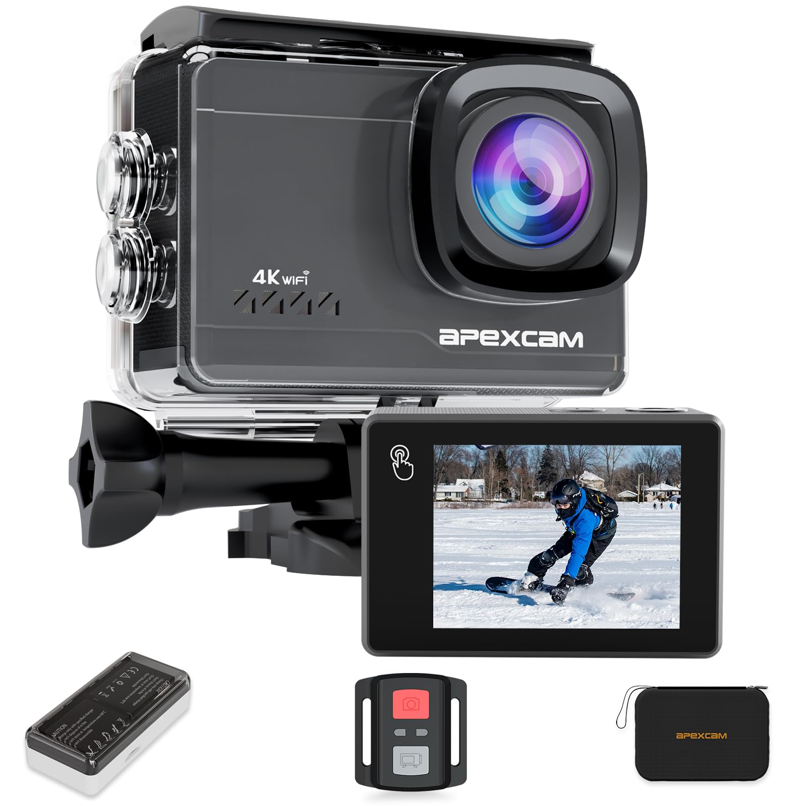 Apexcam Action Cam 4K 60FPS 64MP Écran Tactile Stabilisation EIS Étanche 40M WiFi Télécommande 2 Batteries 1350mAh