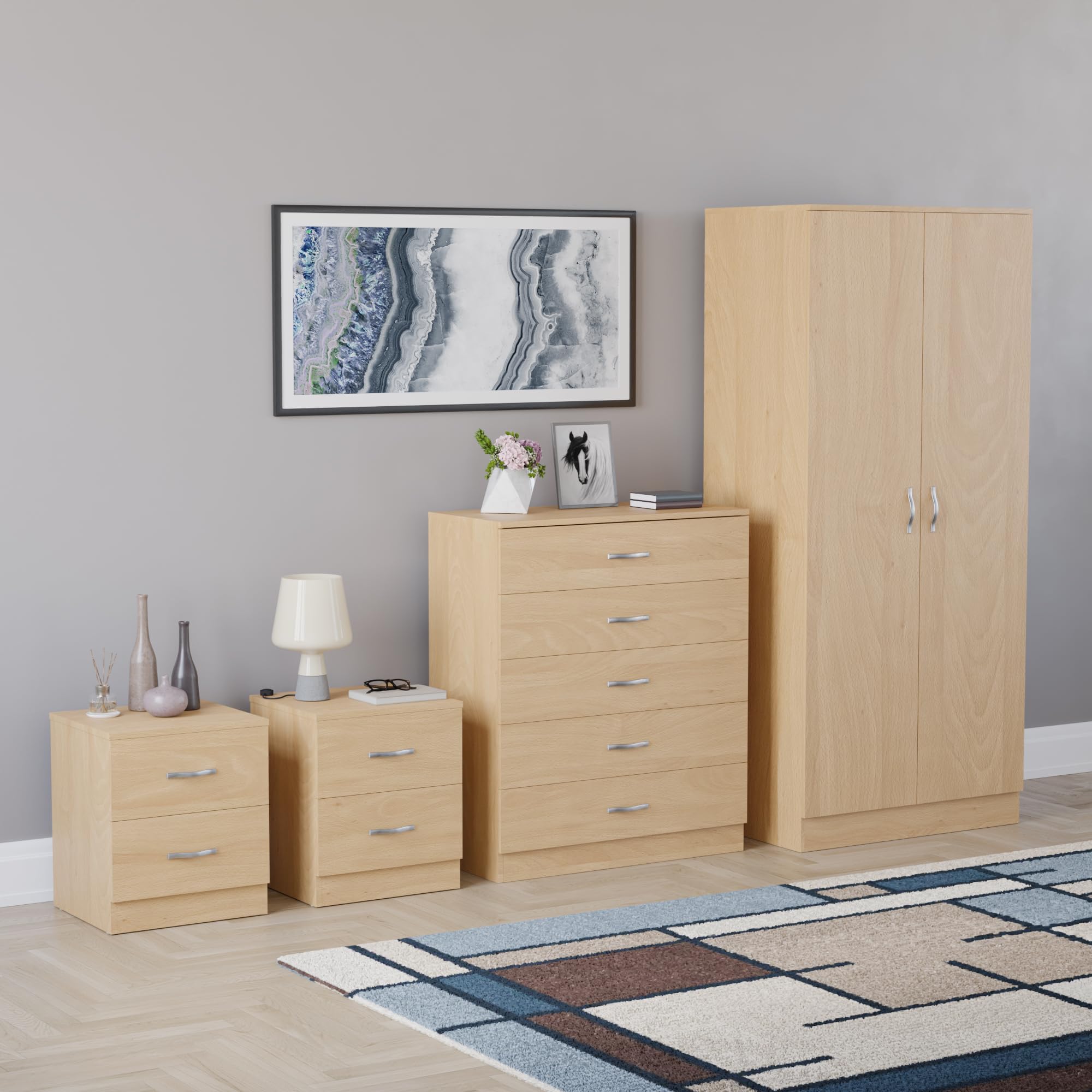 Vida Designs Riano 4 Piece Bedroom Set - 2 Drawer Bedside Chest, 5 Drawer Chest, 2 Door Wardrobe - Pine