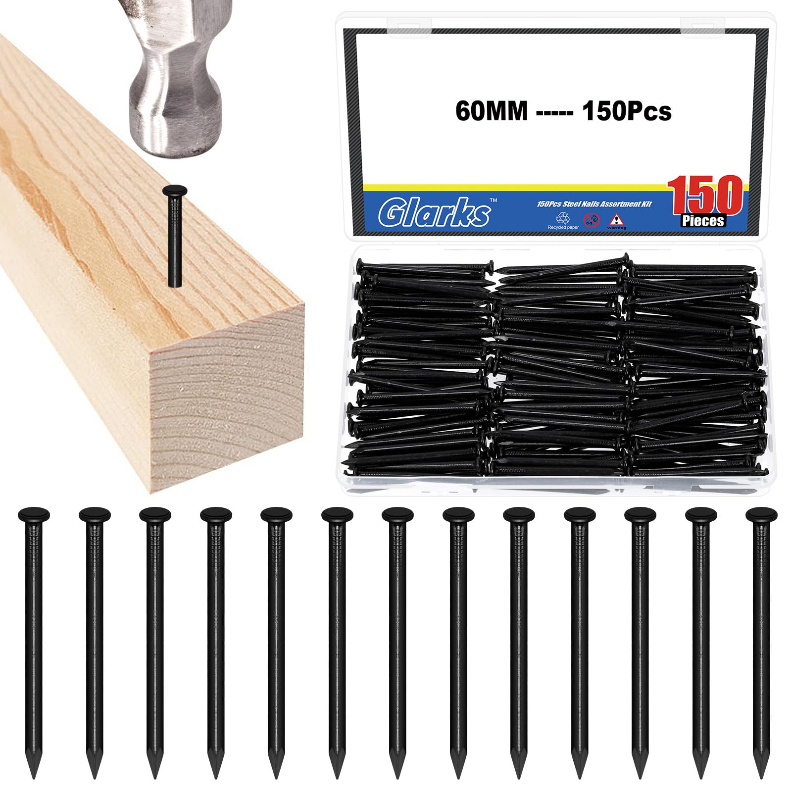 Glarks 150pcs 60mm Brick Steel Nails Kit, Black Carbon Steel Hardware Nails, Finishing Nails, Brad and Picture Hanging Nails, Wood Nails, Cement Nails for Drywall and Pine