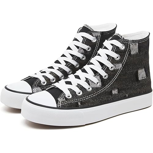 Womens High Top Sneakers,Black Canvas Tennis Shoes for Womens Fashion Lace Up Casual Shoes,Classic High Tops Walking Comfort Sneakers for Women