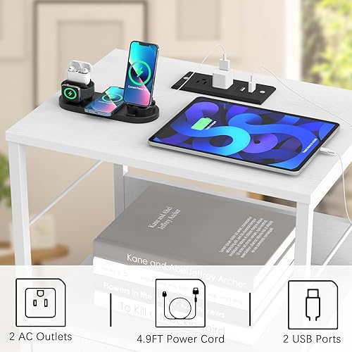 Miniatura 5 de Mesita de noche blanca con estación de carga, mesa auxiliar con cajón, mesita de noche alta con puertos USB y tomacorrientes, mesita de noche de 3