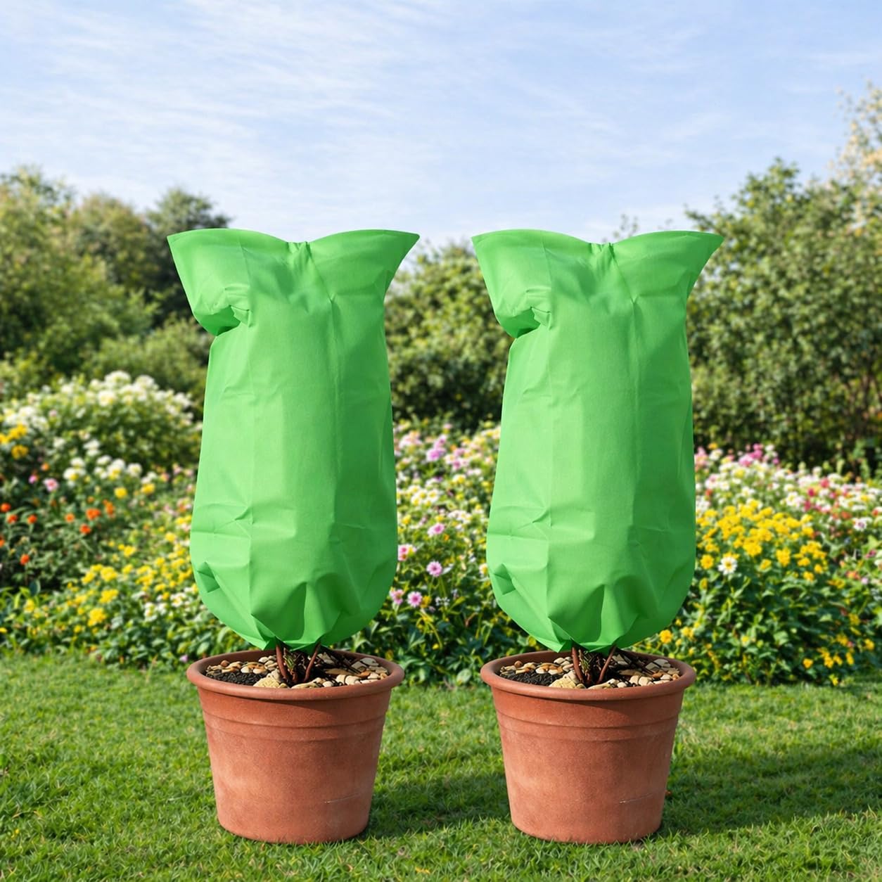 Twin Pack Plant Protection Covers 80 x 100cm Green Fleece Drawstring Bags for Frost Insects Birds Sun and Wind