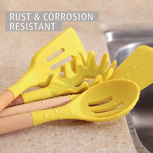 Miniatura 4 de hecef Yellow Combo, juego de 14 cuchillos de cocina con bloque de madera amarillo, 32 piezas de utensilios de cocina de silicona, amarillo