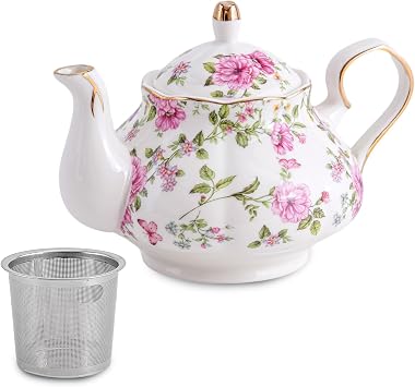Small Ceramic Floral Teapot,22oz Tea Pot with Infuser for Blooming and Loose Tea, Coffee,milk(Pink and purple flowers, With tea strainer)