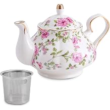 Small Ceramic Floral Teapot,22oz Tea Pot with Infuser for Blooming and Loose Tea, Coffee,milkPink and purple flowers, With tea strainer