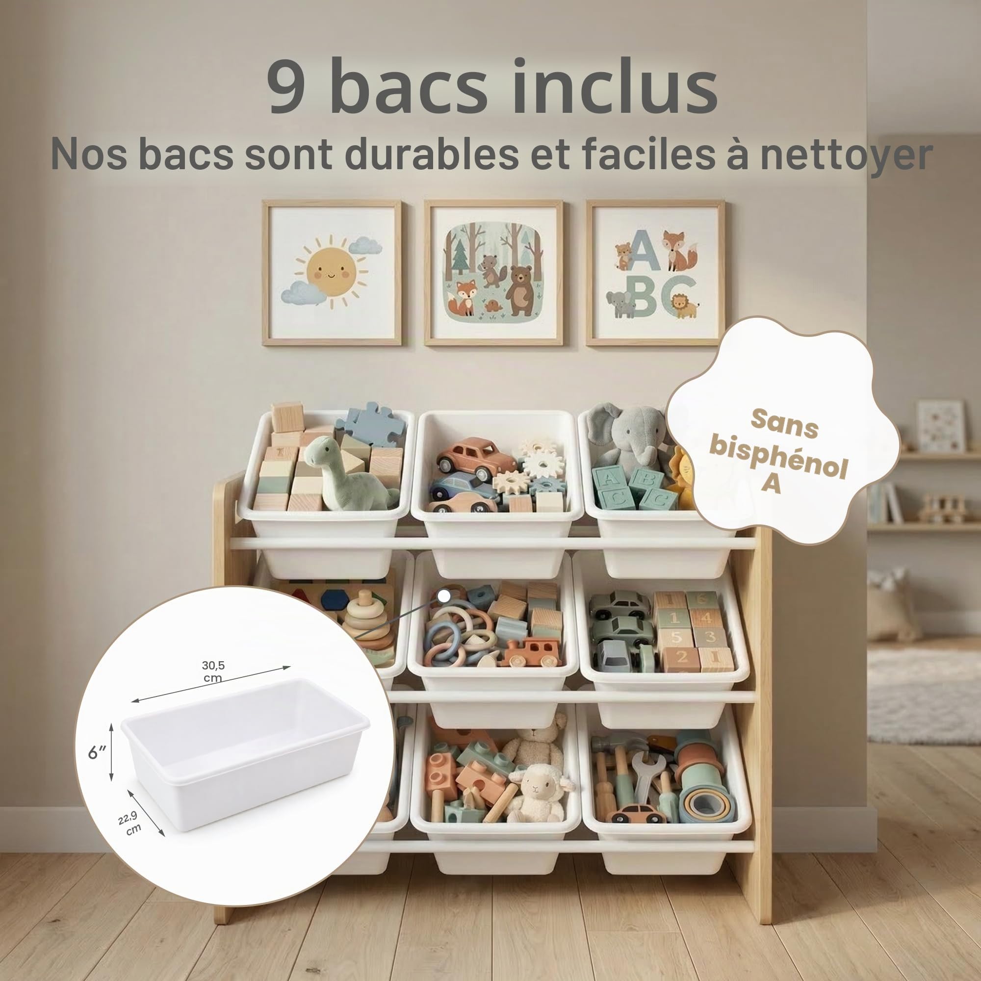 Humble Crew, étagère pour Enfants, Organisateur de Jouets avec 9 bacs de Rangement, Naturel/Blanc