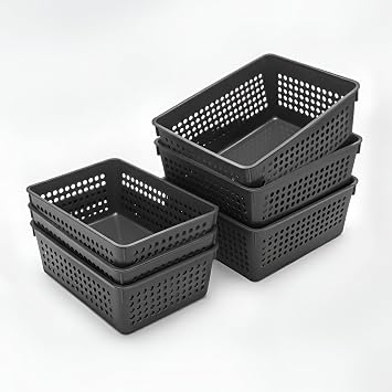 ABBAware Pack of 6 Storage Baskets Combo, Modern Grey Drawer Basket Organiser Set 3 Medium + 3 Small   Perforated Plastic Trays for Home, Office, Kitchen & Bathroom Use