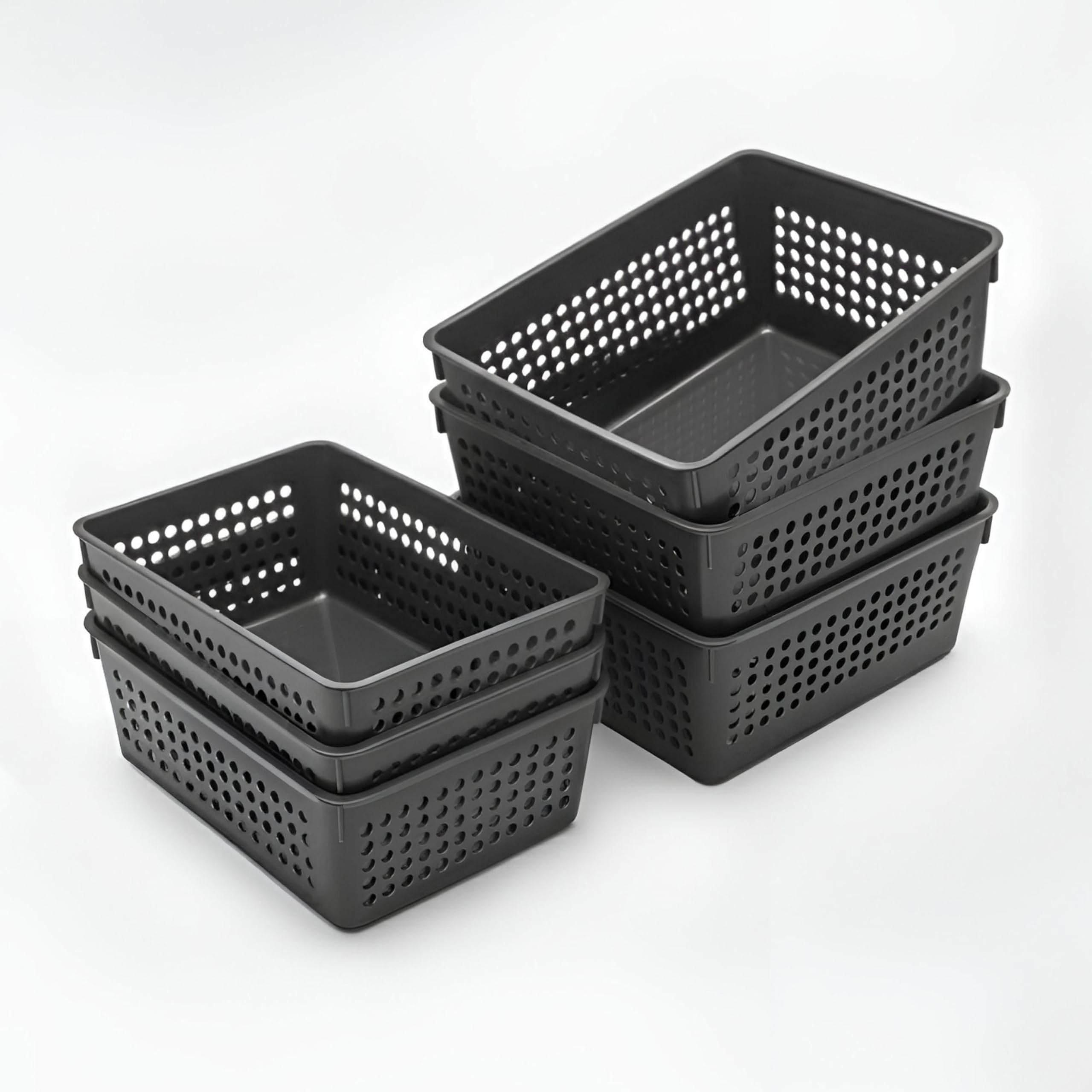 ABBAware Pack of 6 Storage Baskets Combo, Modern Grey Drawer Basket Organiser Set (3 Medium + 3 Small) – Perforated Plastic Trays for Home, Office, Kitchen & Bathroom Use