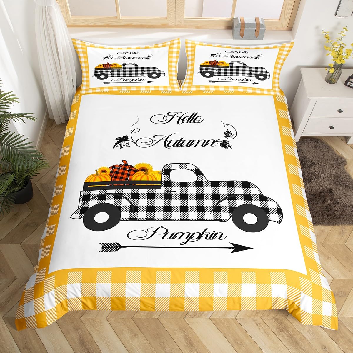 Manfei Fall Duvet Cover Set King Size, Black Plaid Truck Autumn Pumpkin Bedding Set 3pcs for Kids Boys Girls Bedroom Decor, Yellow Plaid Comforter Cover Soft Polyester Quilt Cover with 2 Pillowcases