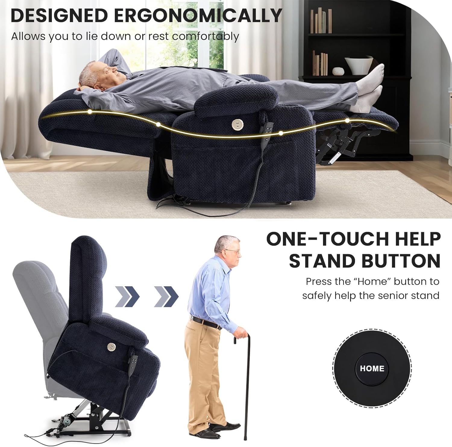 Power Lift Recliner Chair for Elderly, Infinite Position Lay Flat Recliner Chair for Adults W/Massage & Heat, Electric Lift Chair, Cup Holders, One-Touch Reset, Lumbar Pillow(Premium Large, Blue)