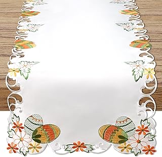Easter Table Runner – Embroidered Egg & Flower Design, Elegant Lace Edges, Spring Holiday Table Decor for Dining Room – 70 Inches Long