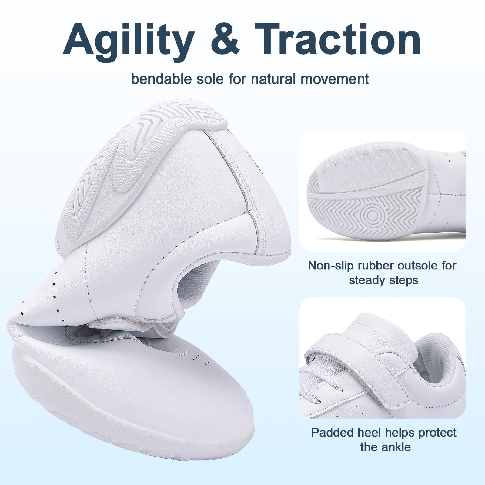 BAXINIER Girls White Cheerleading Dance Shoes Athletic Training Tennis Breathable Youth Competition Cheer Sneakers